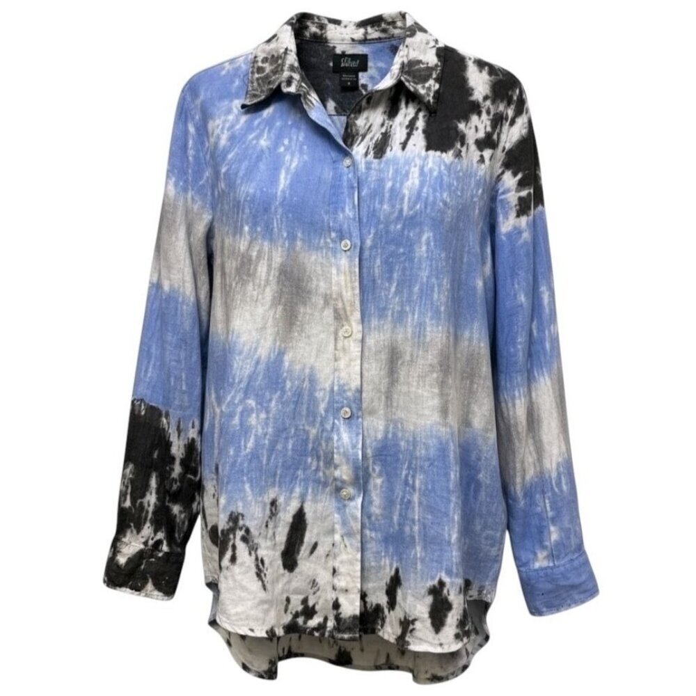 Pure Amici Linen Shirt Size Small Blue Gray Tie Dye Womens Button Up Top